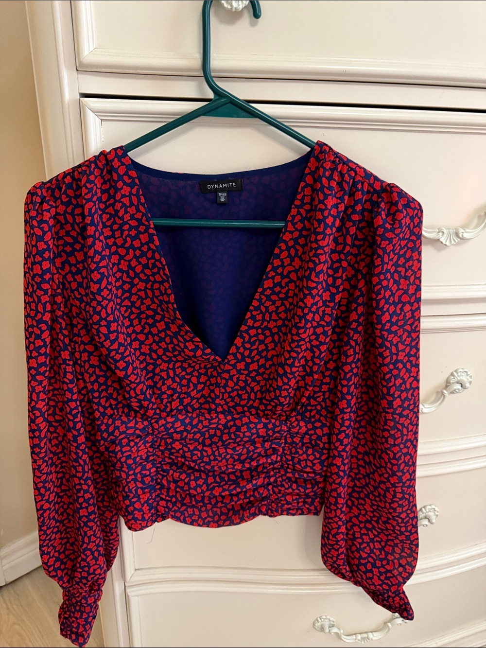 Dynamite Navy Blouse with Red Abstract Print